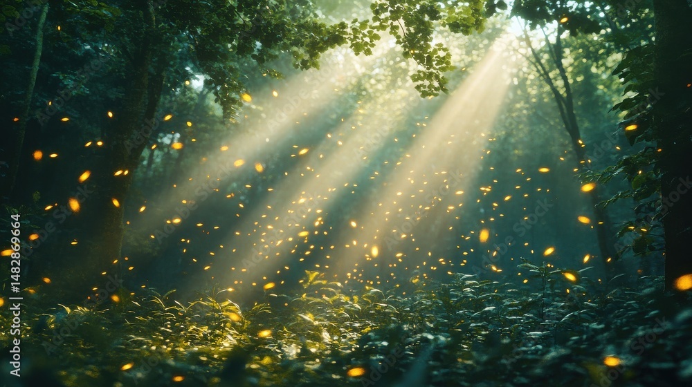 Naklejka premium Magical Firefly Forest at Dawn Sunlight Beams Through Lush Green Canopy