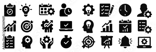 Icons representing productivity tools and time management techniques used in professional settings for effective work organization