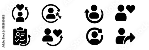 Icons representing user engagement, interaction, and feedback in digital platforms and applications for various services