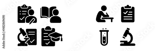 Icons representing various academic activities, including research, examination, and graduation in an educational setting