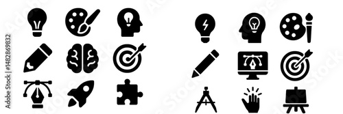 Creative icons showcasing artistic tools and concepts for design and innovation in a minimalist style