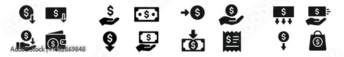 Icons representing financial transactions, currency exchange, and money management concepts