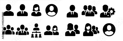 Icons representing diverse groups of people engaged in various professional interactions and teamwork settings