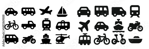 Transportation symbols layout showcasing various modes used on land, air, and water in black silhouettes against a light background