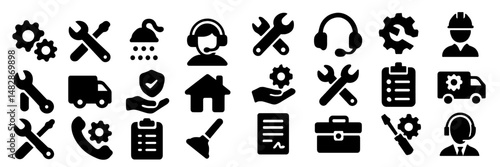 Various tool and service icons representing maintenance, support, and repair activities in different industries