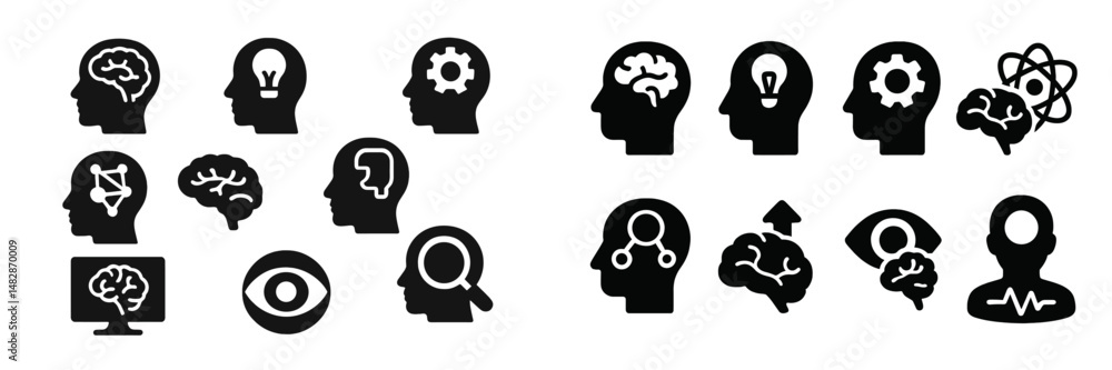 Various silhouette icons representing different aspects of mental processes and cognitive functions in a modern style Various silhouette icons representing different aspects of mental processes and cognitive functions in a modern style