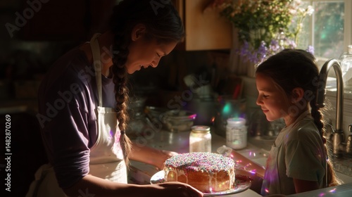 Obraz na płótnie Mom and daughter celebrate together while preparing a colorful cake in a cozy kitchen during a sunny afternoon w salonie