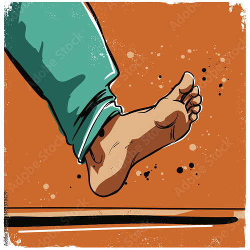Foot in motion stepping forward with colorful splashes on an orange textured background