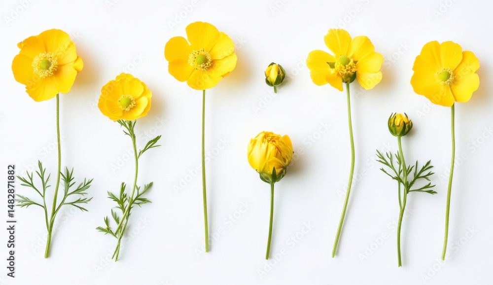 Fototapeta premium Bright Yellow Buttercup Flowers Arranged on White Background