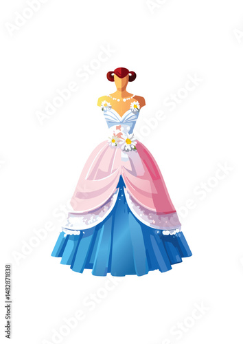 ball gown wedding dress, pink trim, yellow bodice, red lace, clover top.ball gown styles became more diverse, reflecting a wider range of tastes and influences. While traditional, voluminous ball gown