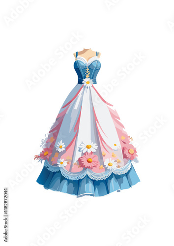 ball gown wedding dress, pink trim, yellow bodice, red lace, clover top.ball gown styles became more diverse, reflecting a wider range of tastes and influences. While traditional, voluminous ball gown