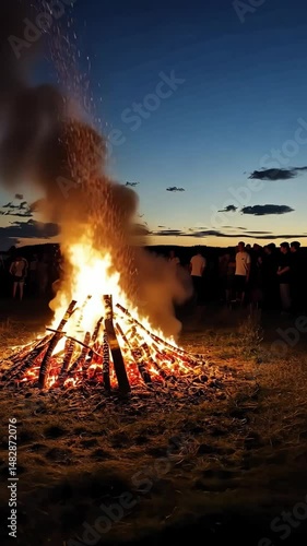Bonfire gathering at twilight: friends enjoying a vibrant outdoor celebration