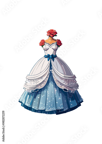 ball gown wedding dress, pink trim, yellow bodice, red lace, clover top.ball gown styles became more diverse, reflecting a wider range of tastes and influences. While traditional, voluminous ball gown