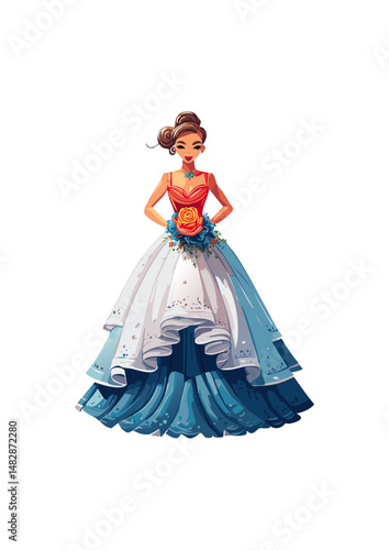 ball gown wedding dress, pink trim, yellow bodice, red lace, clover top.ball gown styles became more diverse, reflecting a wider range of tastes and influences. While traditional, voluminous ball gown