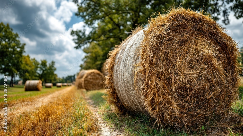 Hay bales dot a rural field, under cloudy sky Hay bales dot a rural field, under cloudy sky