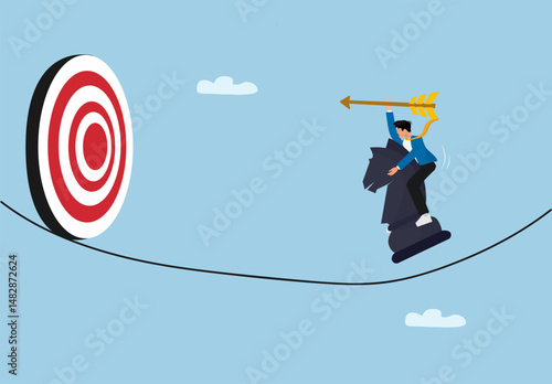 Businessman Riding Chess Knight on Tightrope Toward Target. Strategy, Focus, and Risk Concept Illustration