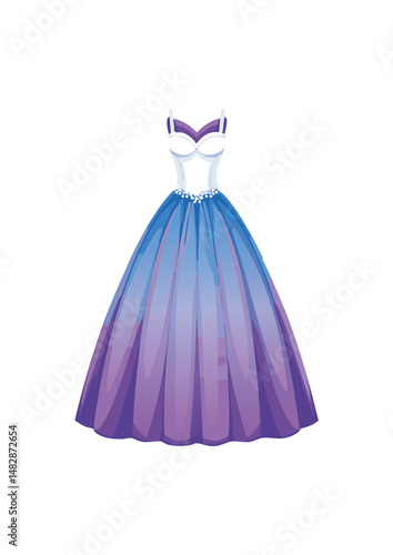 ball gown wedding dress, purple trim, blue bodice, white lace, reflecting societal shifts, technological advancements, and changing ideals of beauty. From the extravagant court dresses 