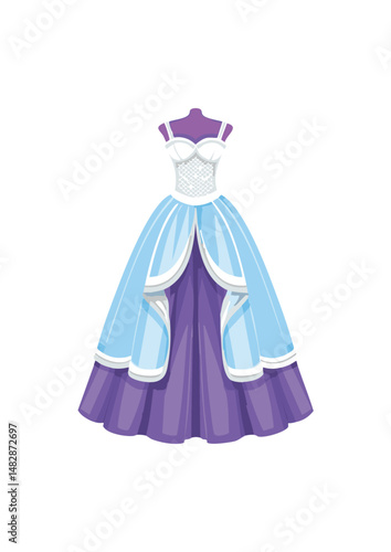 ball gown wedding dress, purple trim, blue bodice, white lace, reflecting societal shifts, technological advancements, and changing ideals of beauty. From the extravagant court dresses 