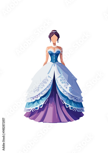 ball gown wedding dress, purple trim, blue bodice, white lace, reflecting societal shifts, technological advancements, and changing ideals of beauty. From the extravagant court dresses 