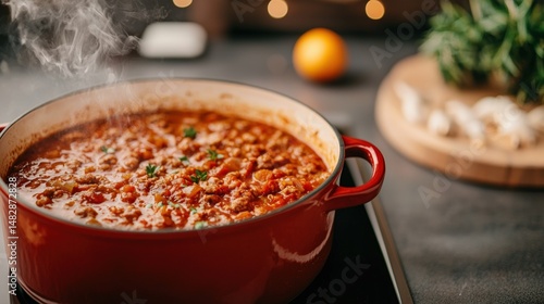 A hearty stew simmers in a red pot, releasing steam, with herbs and garlic in the background.