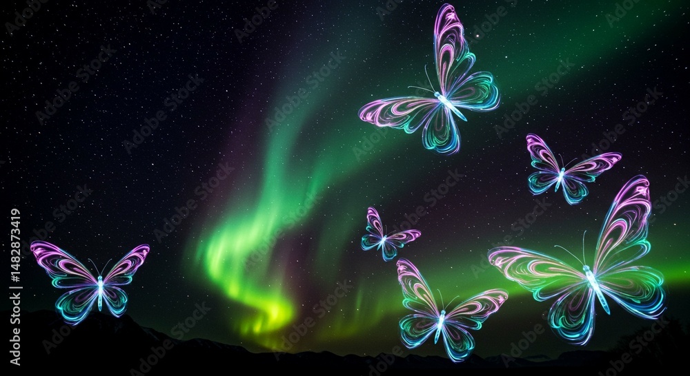 Obraz premium Magical Glowing Butterflies Against Aurora Borealis Night Sky