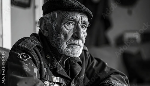 Emotional Portrait of Elderly War Veteran with Medals – Black and White Photo of Military History and Honor
