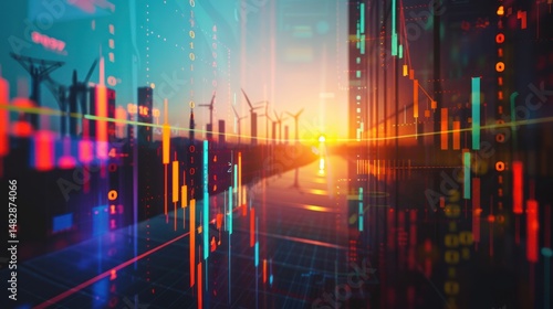 A vibrant composite image showing wind turbines and binary data overlays over city