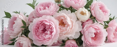 Delicate pink peonies & roses bouquet  White background  Copy space ,  elegant,  studio shot