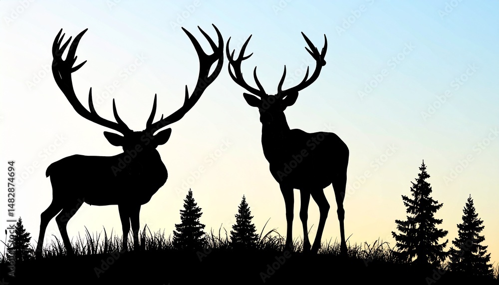 Fototapeta premium deer, reindeer, antlers, buck, silhouette, vector, illustration, animal, wildlife, forest, nature, mammal, horn, stag, winter, christmas, wild, outdoors, head, profile, brown, horns, male, standing, b