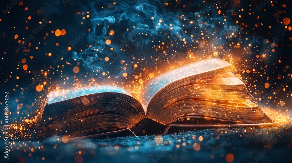 Obraz premium Illuminated open book with sparkling light effects