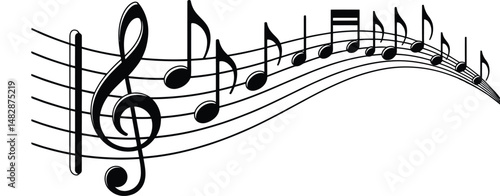 Illustration of a musical staff with a treble clef and various musical notes in black and white