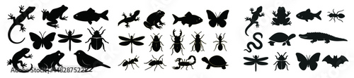 Diverse silhouettes of animals and insects including reptiles and amphibians in a creative arrangement