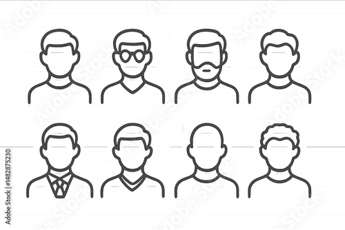Variety of male character designs in simple outlines representing different styles and appearances
