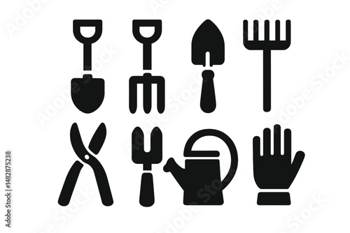Gardening tools arranged neatly, showcasing essential equipment for outdoor planting and maintenance tasks