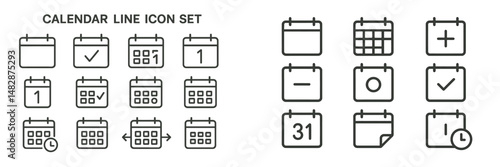 Calendar line icon set with various designs including dates and icons for planning and scheduling activities