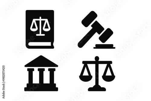 Symbolic representation of law including scales, gavel, legal book, and courthouse