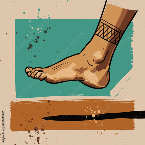Artistic close-up of a foot in motion with colorful splashes on a textured background