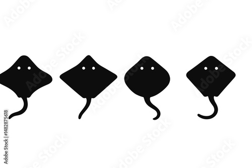 Distinct silhouettes of stingrays swimming gracefully in unison against a white background