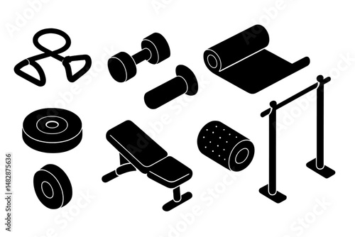 Fitness equipment including dumbbells, resistance bands, and a bench set in a gym environment