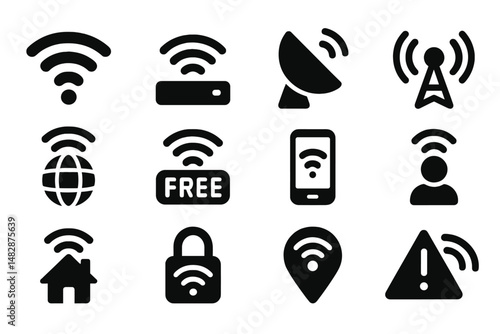 Collection of Wi-Fi symbols representing different aspects of connectivity and technology for everyday use