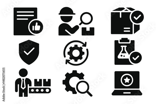Icons representing quality assurance, inspection processes, and laboratory activities in a professional setting