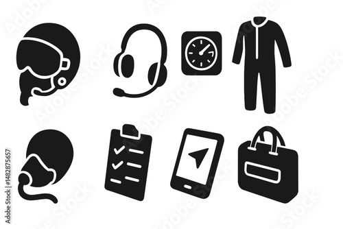 Flight preparation symbols featuring pilot gear, communication tools, and essential equipment for aviation professionals