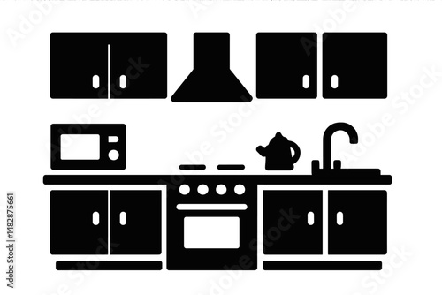 Modern kitchen design with cabinets, stove, microwave, and sink in minimalist style