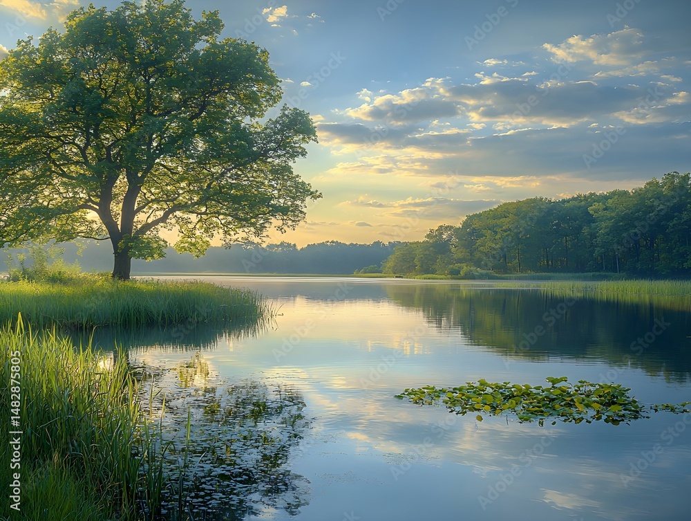Obraz premium Serene Sunset: Majestic Tree in Lake