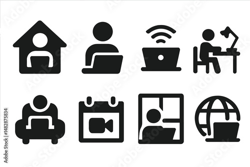 Illustration of remote work concepts showcasing people using technology at home and office during digital age