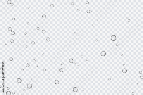 Air bubbles, oxygen, champagne crystal clear, isolated on a transparent background of modern design. Vector illustration of EPS 10.