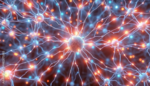 Neural network: Interconnected neurons with blue and orange synaptic signals