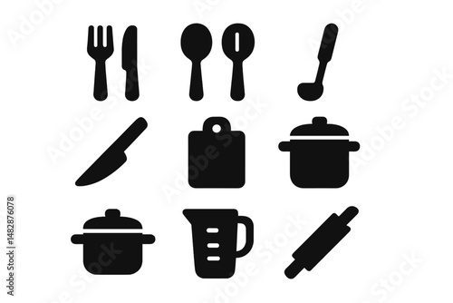Assorted kitchen utensils and tools displayed in a grid on a white background for culinary activities