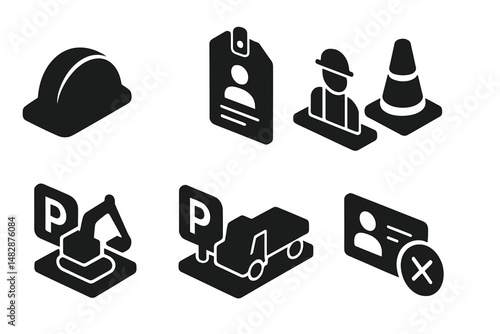 Icons representing construction, parking, and safety activities in a modern urban environment