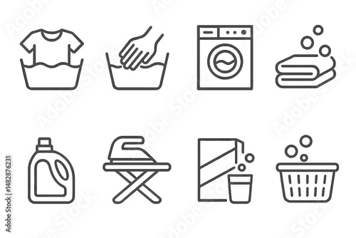 Laundry icons illustrating washing, drying, and ironing activities at home or laundromat